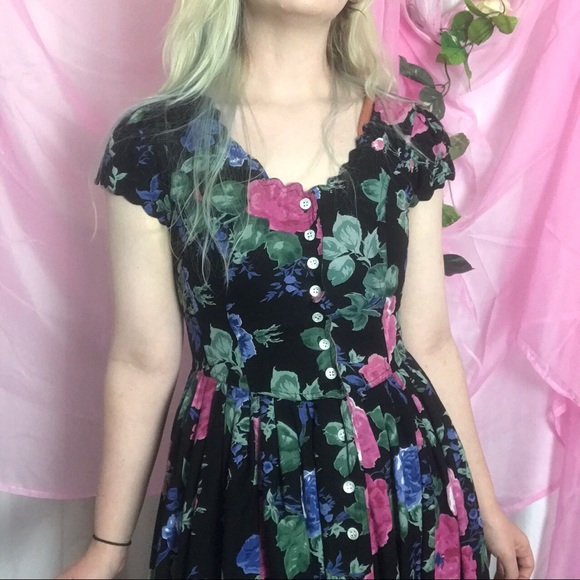 Vintage 80s floral black dress - Picture 2 of 3